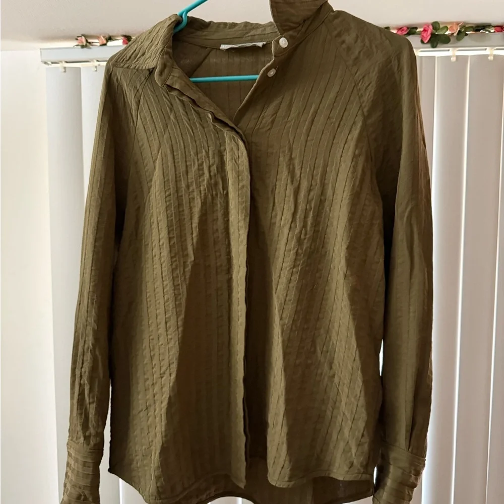 Everlane The City Stripe Shirt in Beech Olive Green Sz 6 Viscose Stripe Button - Picture 2 of 6